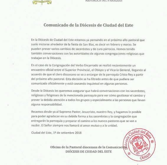 Comunicado sobre cambio en la parroquia Cristo Rey