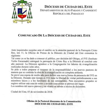 Comunicado sobre entrega de la parroquia Cristo Rey a la Diócesis