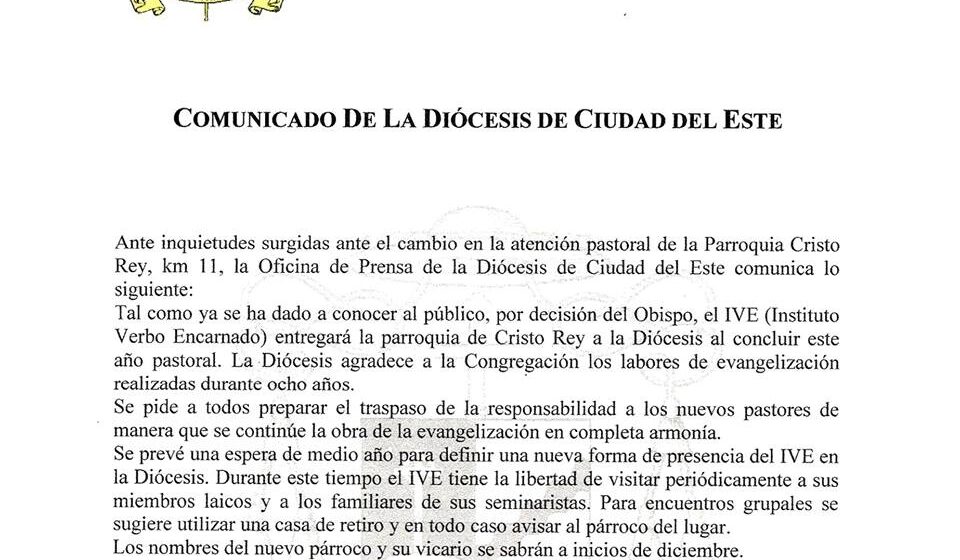 Comunicado sobre entrega de la parroquia Cristo Rey a la Diócesis